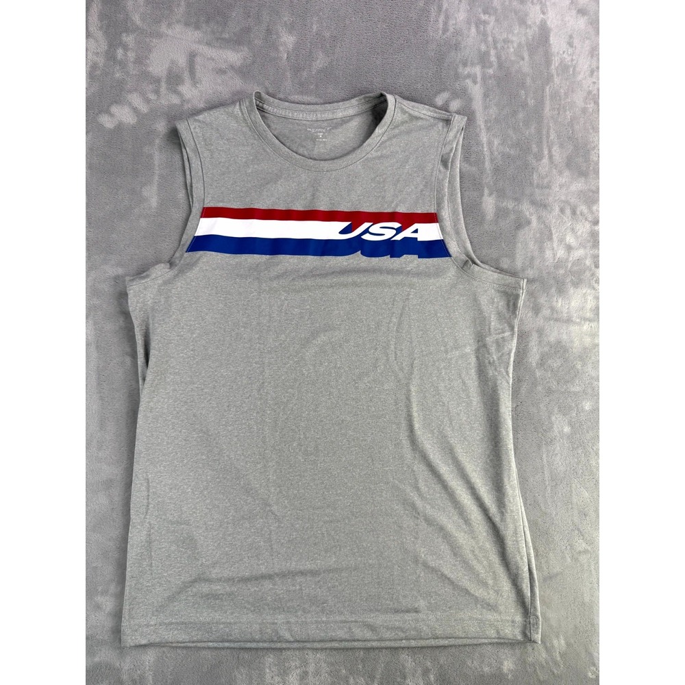 Old Navy Active Core Tank Top Mens Medium Heather Gray Striped USA Athletic Logo